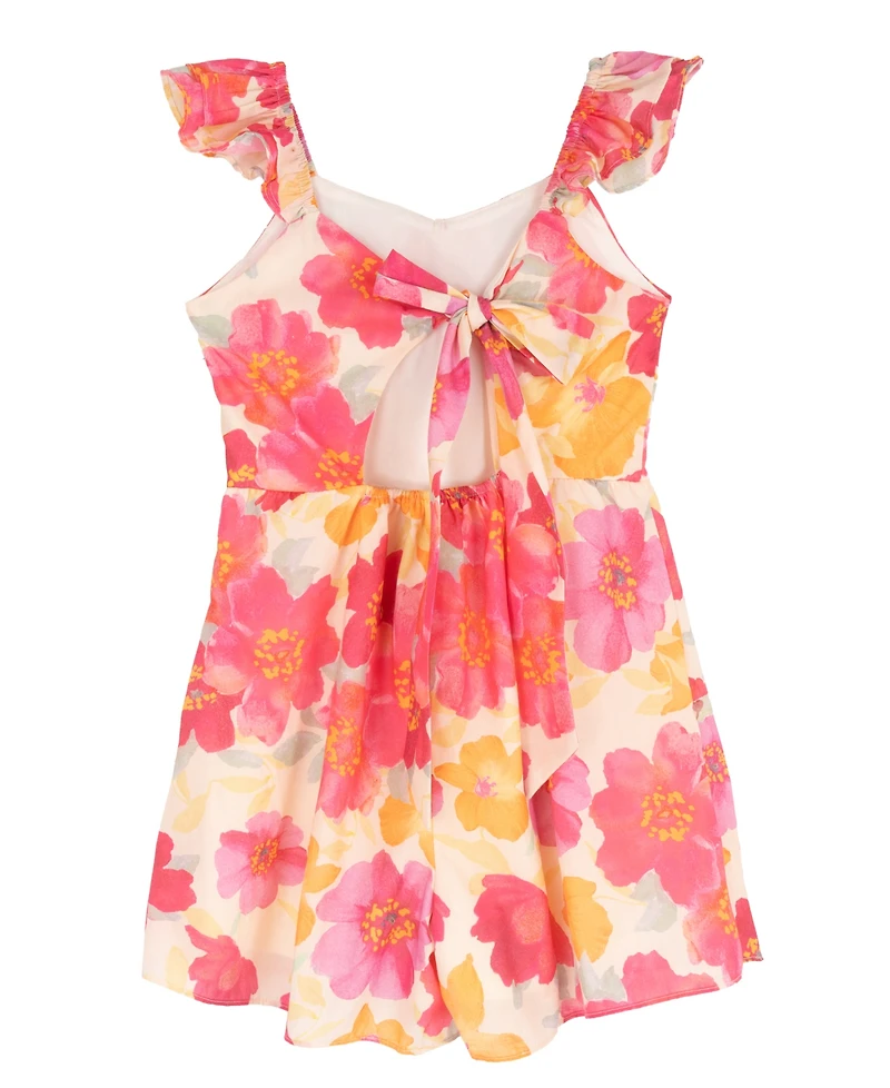Rare Editions Girls' 7-16 Printed Floral Ruched Bust Flutter Strap Tie Back Dress