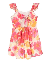 Rare Editions Girls' 7-16 Printed Floral Ruched Bust Flutter Strap Tie Back Dress