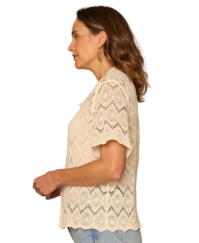 Democracy Petite Collared Short-Sleeve Crochet Top