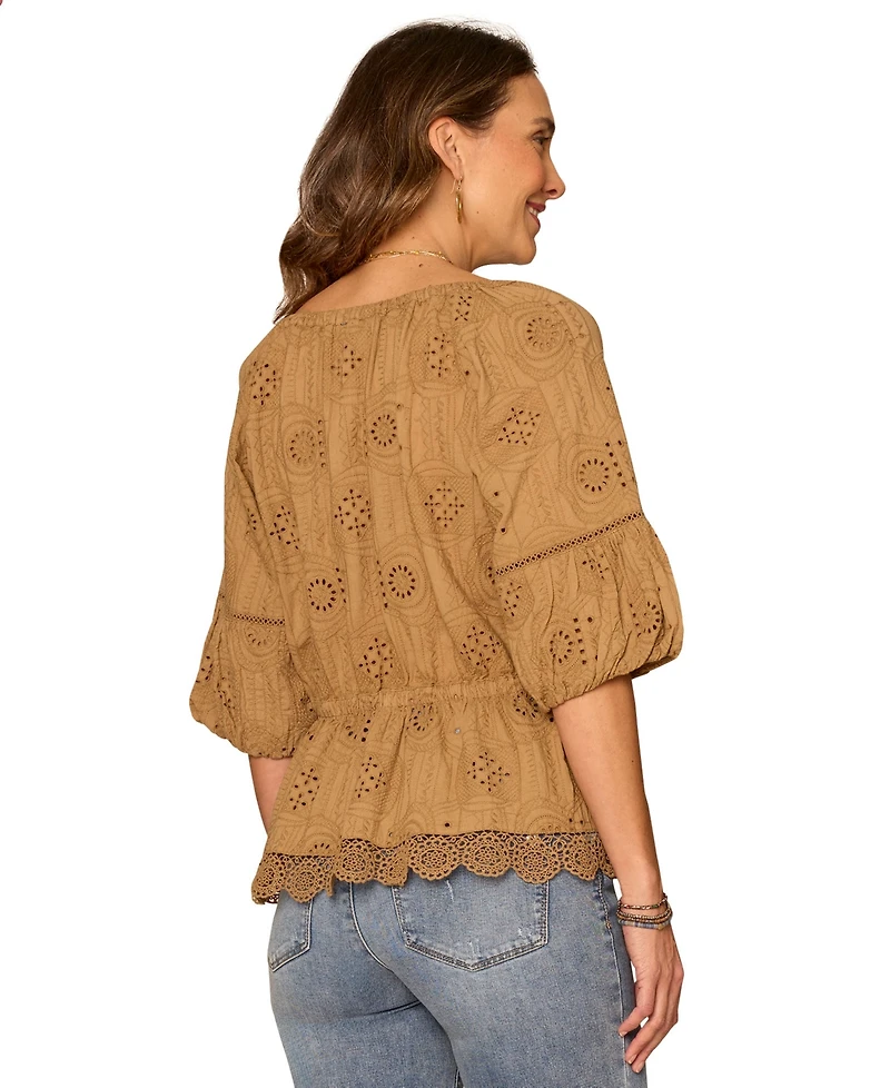 Democracy Petite Bubble-Sleeve Split Neck Top