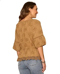 Democracy Petite Bubble-Sleeve Split Neck Top