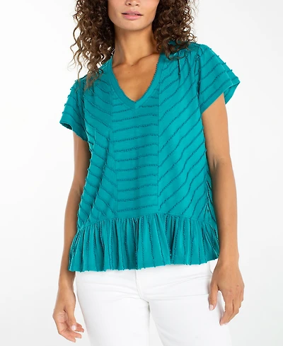 Liverpool Los Angeles Petite V-Neck Scalloped Stripe Top