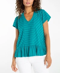 Liverpool Los Angeles Petite V-Neck Scalloped Stripe Top