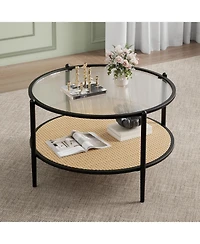 gaomon Round Coffee Table, 2-Tier Tea Table with Rattan Storage Shelf and Metal Frame, Tempered Glass Tabletop, Boho Cocktail Tables
