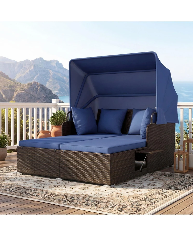 Gouun Outdoor Rattan Daybed with Retractable Canopy and Side Tables