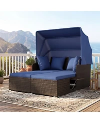 Gouun Outdoor Rattan Daybed with Retractable Canopy and Side Tables