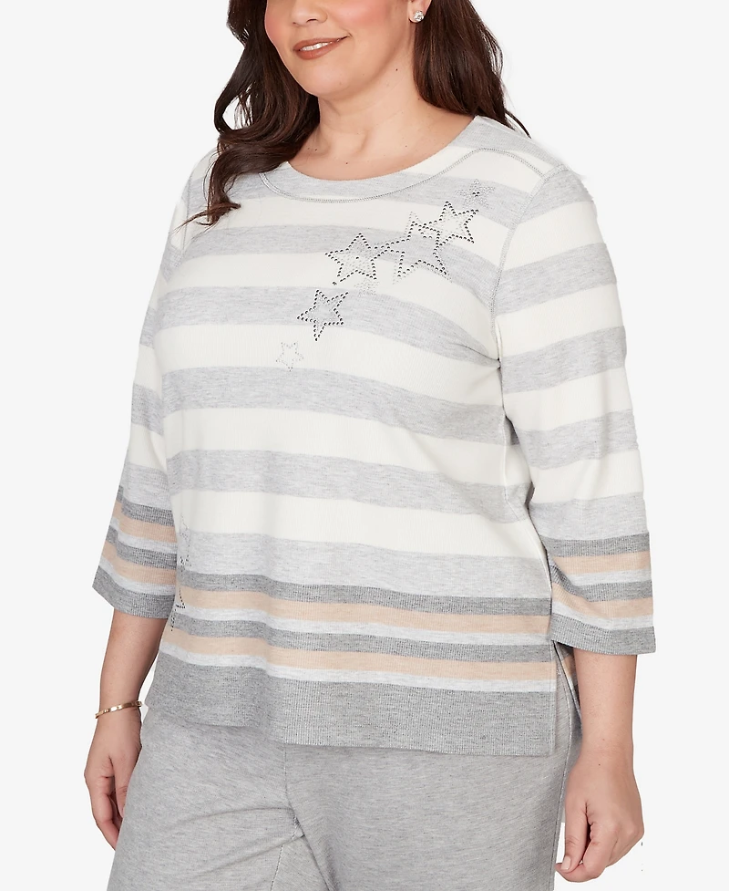 Alfred Dunner Plus Comfort & Joy Star Stripe Embellished Crewneck Top