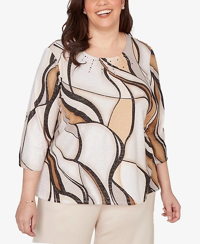 Alfred Dunner Plus Seville Abstract Print Pleated Crewneck Top