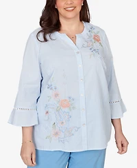Alfred Dunner Plus St. Augustine Striped Floral Embroidered Button Down Top