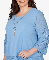 Alfred Dunner Plus St. Augustine Solid Eyelet Trim Top with Necklace