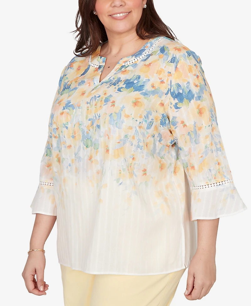Alfred Dunner Plus Out of the Blue Falling Floral Three Quarter Sleeve Top