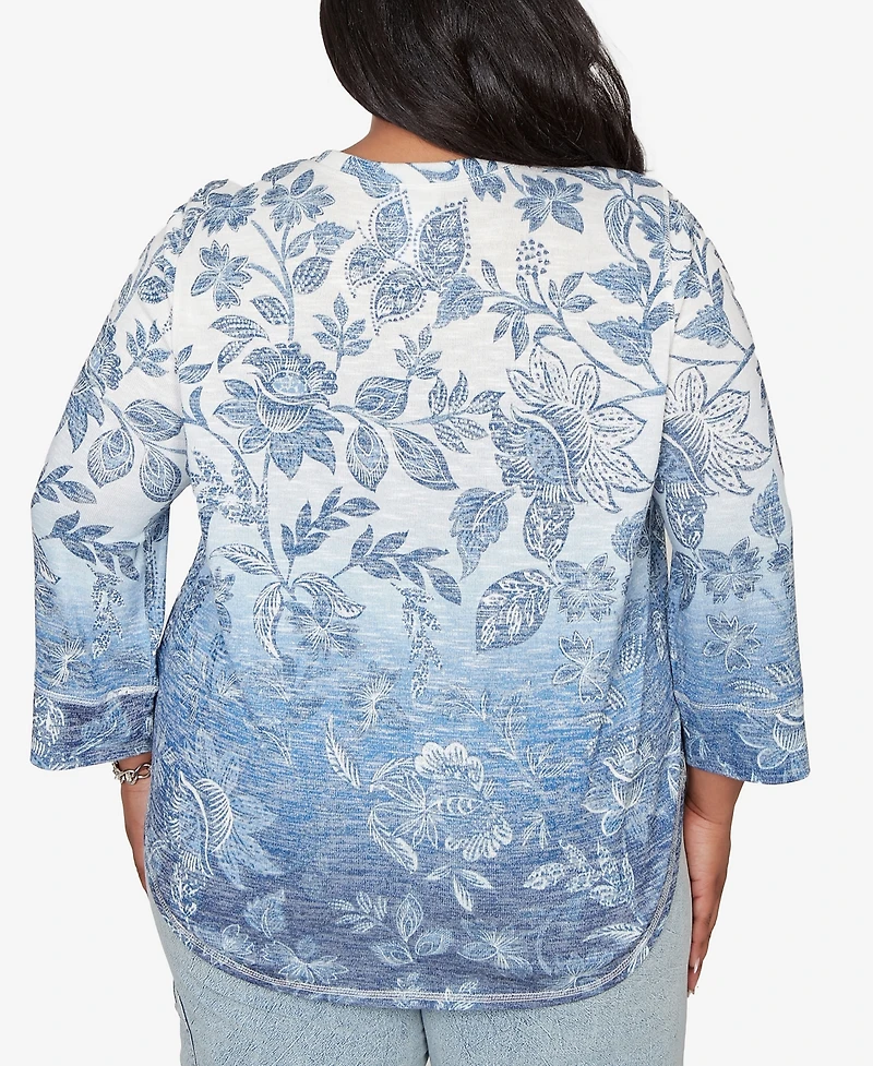 Alfred Dunner Plus Out of the Blue Ombre Batik Floral Henley Top