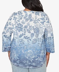 Alfred Dunner Plus Out of the Blue Ombre Batik Floral Henley Top