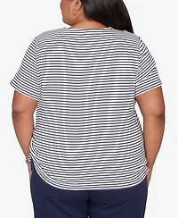 Alfred Dunner Plus Lady Liberty Embroidered Neck Striped Side Tie Top
