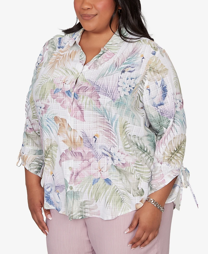 Alfred Dunner Plus Vintage Charm Tropical Button-Front Tie Sleeve Top