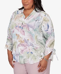 Alfred Dunner Plus Vintage Charm Tropical Button-Front Tie Sleeve Top
