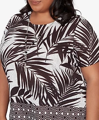 Alfred Dunner Plus Detail Driven Tropical Diamond Border T-Shirt with Necklace