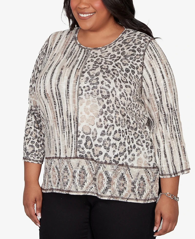 Alfred Dunner Plus Detail Driven Spliced Aztec Animal Skin Crewneck Top