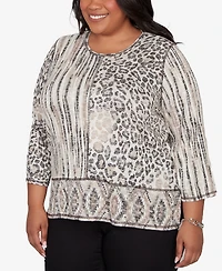 Alfred Dunner Plus Detail Driven Spliced Aztec Animal Skin Crewneck Top