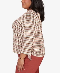 Alfred Dunner Plus Spice Market Spliced Textured Stripe Ruched Tie Top