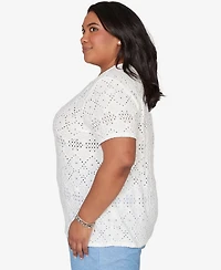 Alfred Dunner Plus Vintage Charm Solid Eyelet Split Beaded Neck T-Shirt