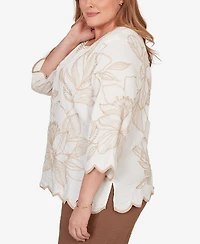 Alfred Dunner Plus Spice Market Embroidered Floral V-Neck Textured Top