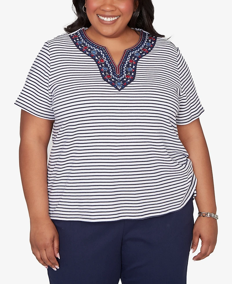 Alfred Dunner Plus Lady Liberty Embroidered Neck Striped Side Tie Top