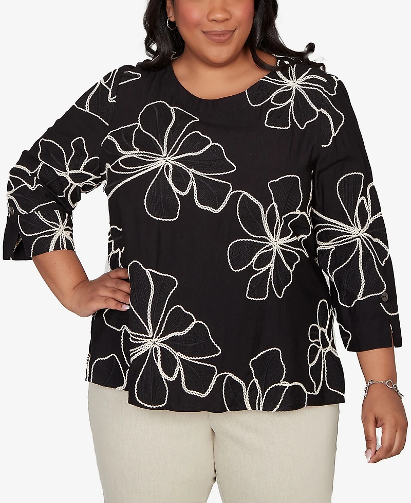 Alfred Dunner Plus Detail Driven Flower Soutache Three Quarter Sleeve Top