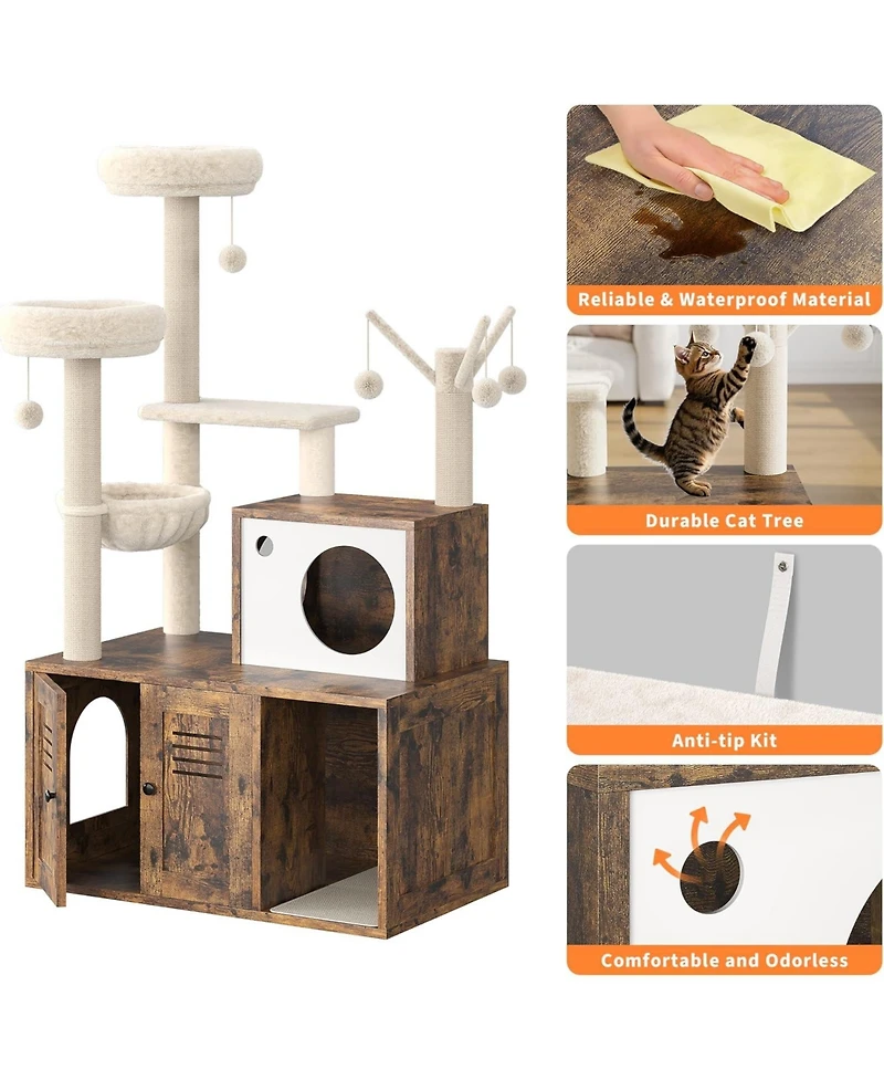 gaomon Litter Box Enclosure with Tree Tower and Condo, Wooden Cat Scratching Posts, Hammock, Hidden Furniture,