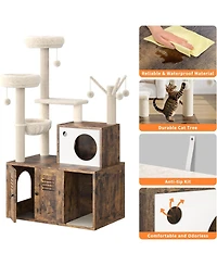 gaomon Litter Box Enclosure with Tree Tower and Condo, Wooden Cat Scratching Posts, Hammock, Hidden Furniture,