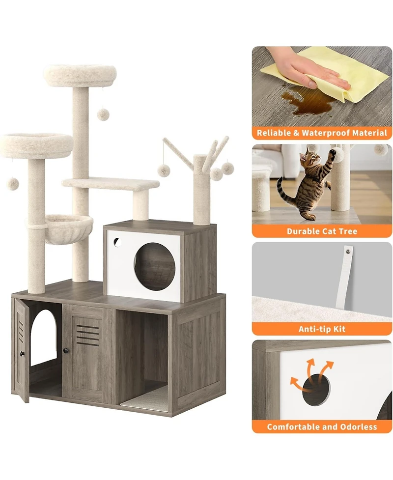 gaomon Litter Box Enclosure with Tree Tower and Condo, Wooden Cat Tower with Scratching Posts, Cat Hammock, Hidden Litter Box Furniture, Wooden