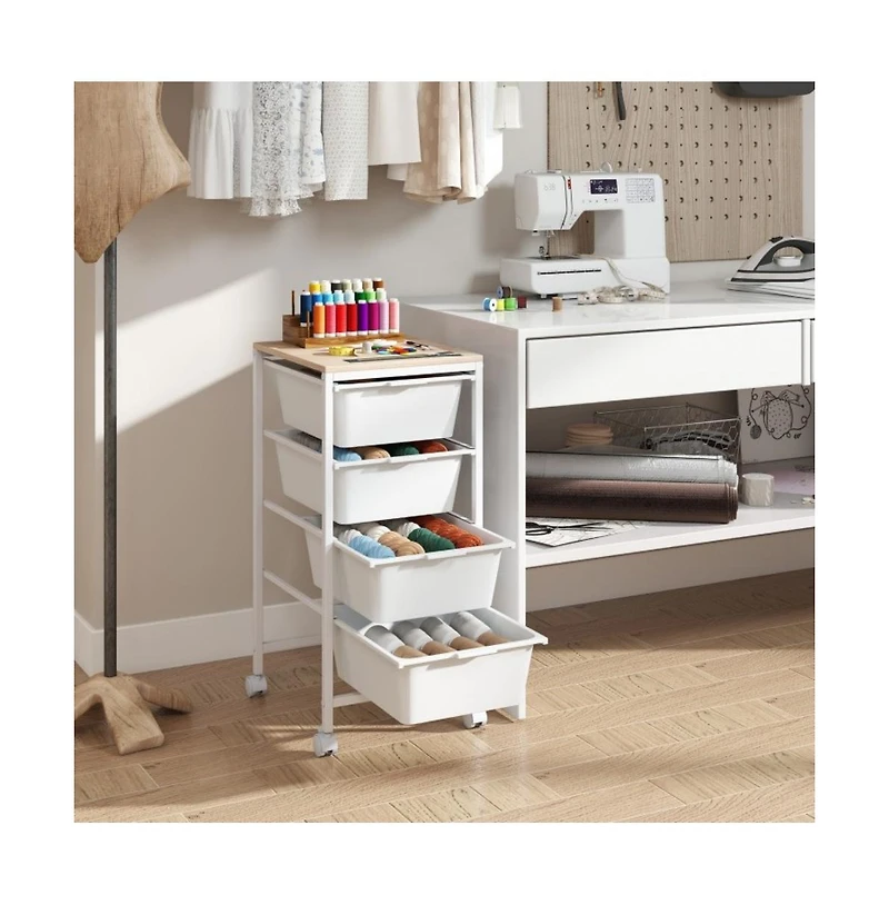 Gouun 4-Drawer Rolling Storage Cart with Wooden Tabletop