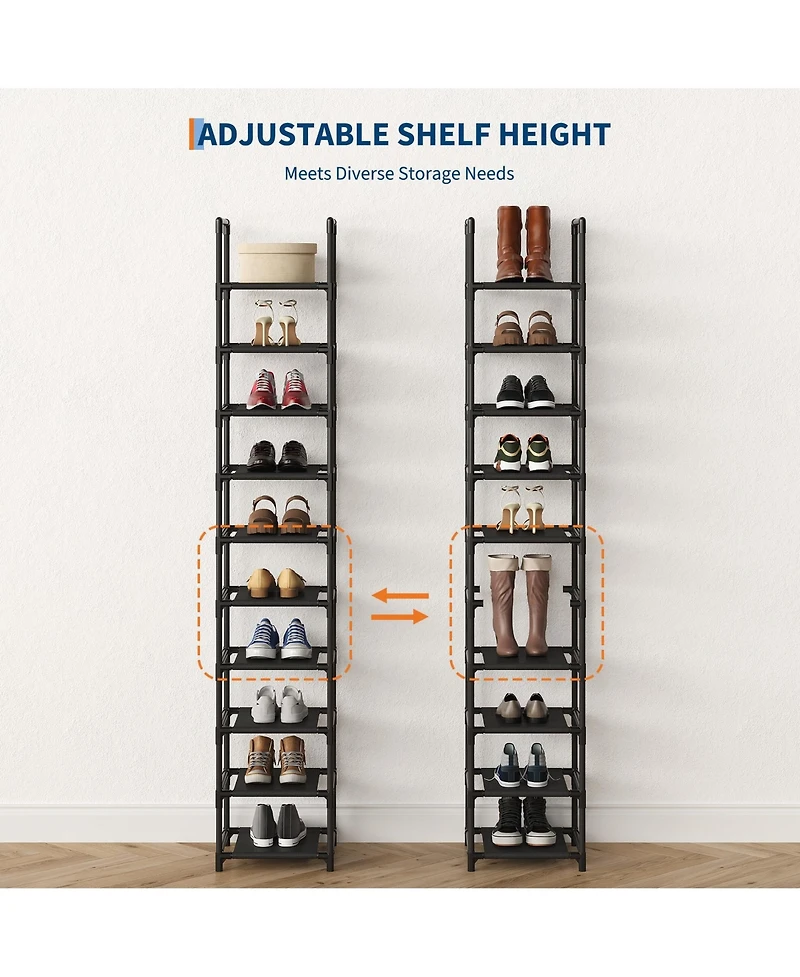 Homfan 10 Tier Metal Shoe Rack with Adjustable Fabric Shelves, 11.02 x 17.72 x 68.11/13 x 13 x 68.11 in Tall Storage for Closet and Entryway
