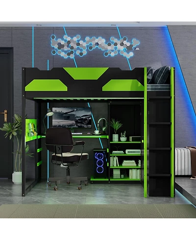 Streamdale Furniture Wood Loft Bed with Desk, Multi-storage Shelves, Usb and Rgb Light