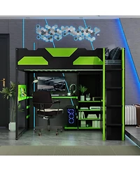 Streamdale Furniture Wood Loft Bed with Desk, Multi-storage Shelves, Usb and Rgb Light