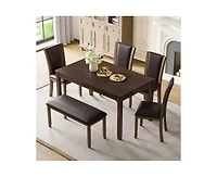 sumyeg 6-Piece Dark Walnut Farmhouse Dining Set with Wood Table Bench and Chairs