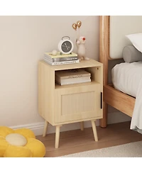 sumyeg Oak Rattan Nightstand with Door and Open Shelf - Solid Wood Legs Accent End Table