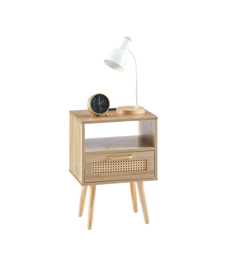 sumyeg Modern Rattan End Table with Power Outlet Usb Ports Drawer Solid Wood Legs