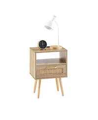 sumyeg Modern Rattan End Table with Power Outlet Usb Ports Drawer Solid Wood Legs