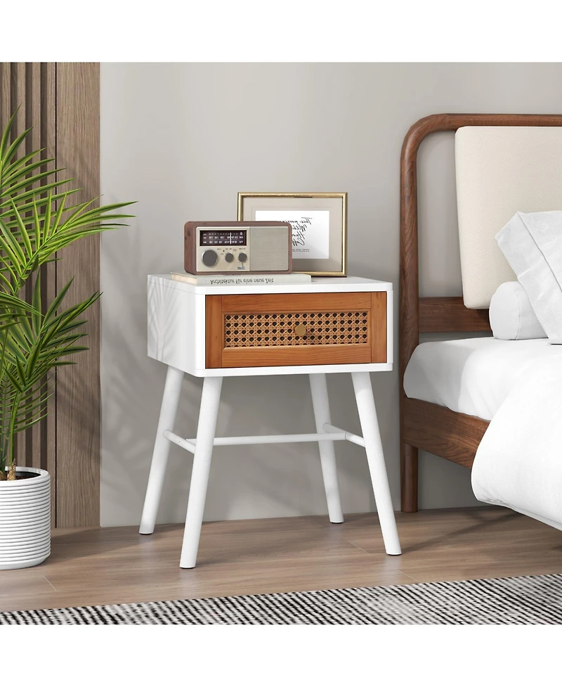 sumyeg Rattan Nightstand Mid Century Modern Accent Table with Drawer