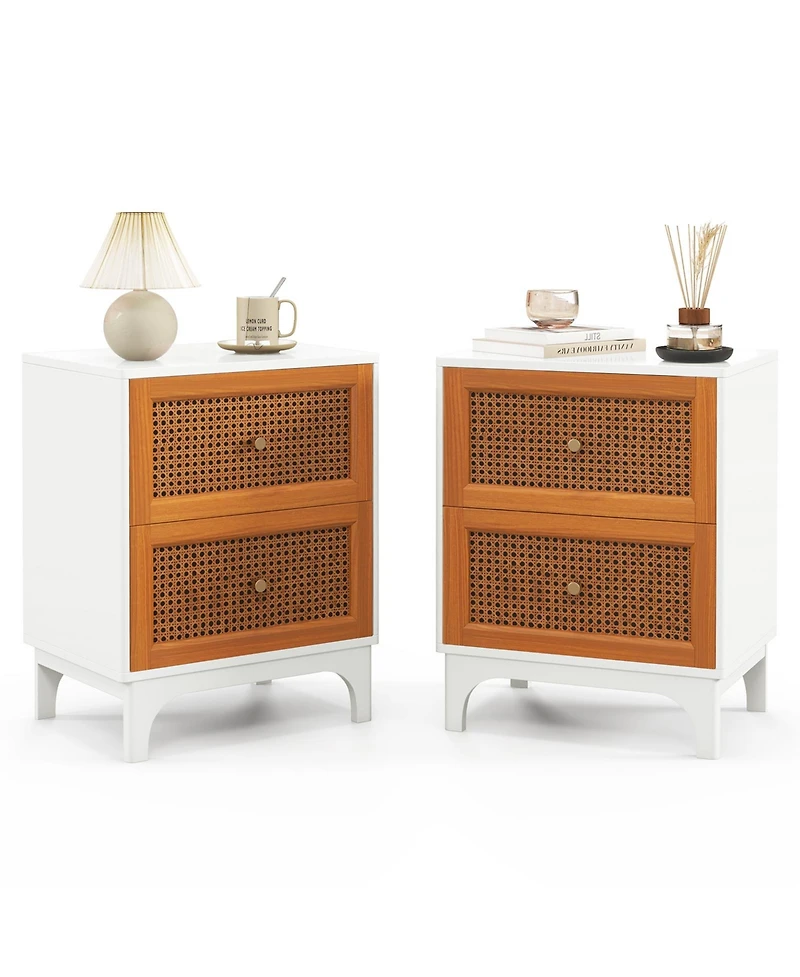 sumyeg Boho Accent Table Nightstand with 2 Handwoven Rattan Decorated Drawers