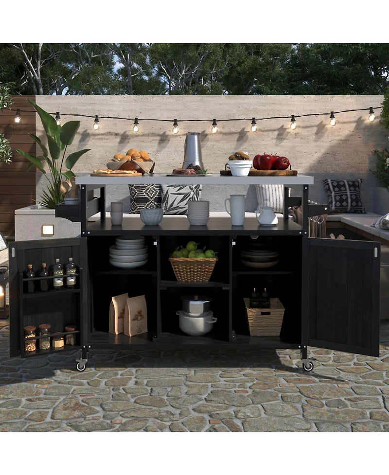 sumyeg Outdoor Kitchen Island and Rolling Bar Cart, Farmhouse Solid Wood Grill Table with Stainless Steel Top, Spice Rack and Towel Rack