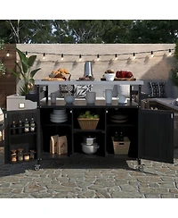 sumyeg Outdoor Kitchen Island and Rolling Bar Cart, Farmhouse Solid Wood Grill Table with Stainless Steel Top, Spice Rack and Towel Rack