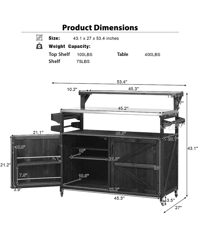 sumyeg 53.3inch Outdoor Kitchen Island with Raised Shelf, Solid Wood Storage Cabinet, Rolling Grill Cart Rack, Adjustable Shelf and Spice Rack