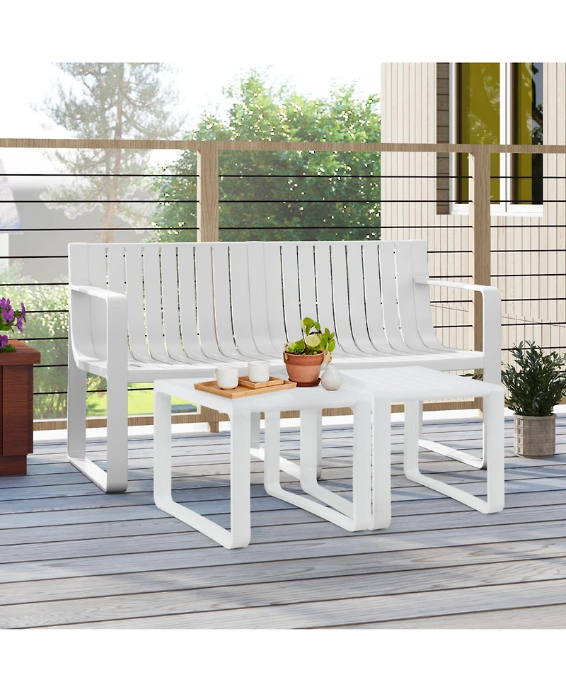 Gymax 3 Pcs Patio Furniture Set w/1 Loveseat and 2 Side Tables All-Weather Bistro Set