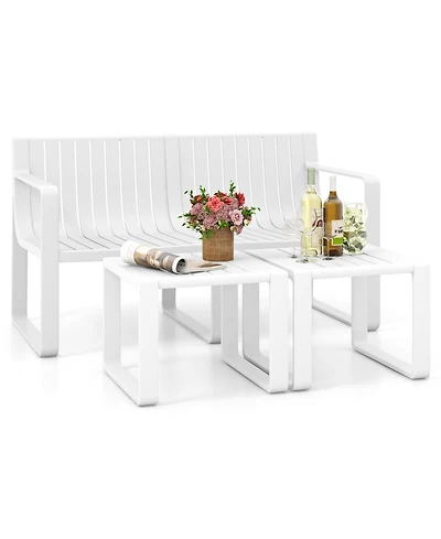 Gymax 3 Pcs Patio Furniture Set w/1 Loveseat and 2 Side Tables All-Weather Bistro Set