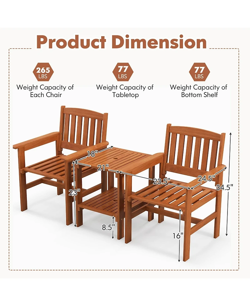 Gymax 3 Pcs Patio Bistro Table and Chairs Set w/ Umbrella Hole for Garden Poolside