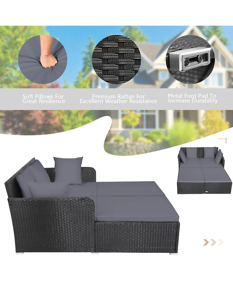 Gymax Patiojoy Outdoor Rattan Daybed Pillows Cushioned Sofa Furniture Patio