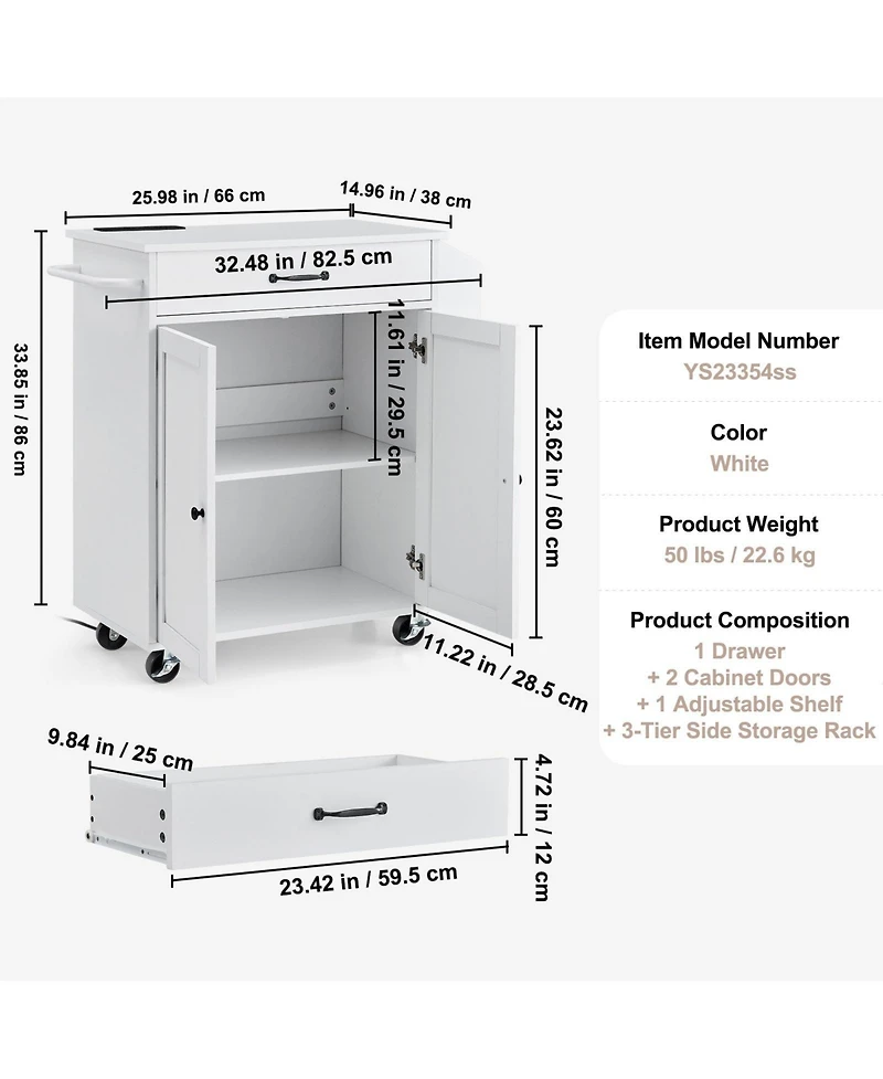 Gouun 32 in Rolling Kitchen Island Cart with Built-In Power Outlet and Storage Cabinet