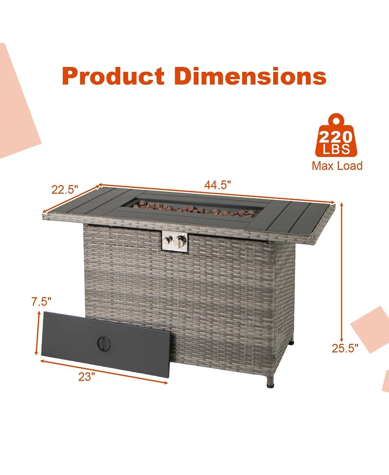 Gouun 44.5 in Propane Fire Pit Table with Stainless Steel Burner, 50000 Btu 2-in-1 Rattan Gas Fire Table